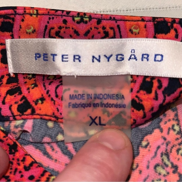 Peter Nygard 3/4 sleeve pink magenta orange beaded paisley with navy blue trim - Picture 5 of 11